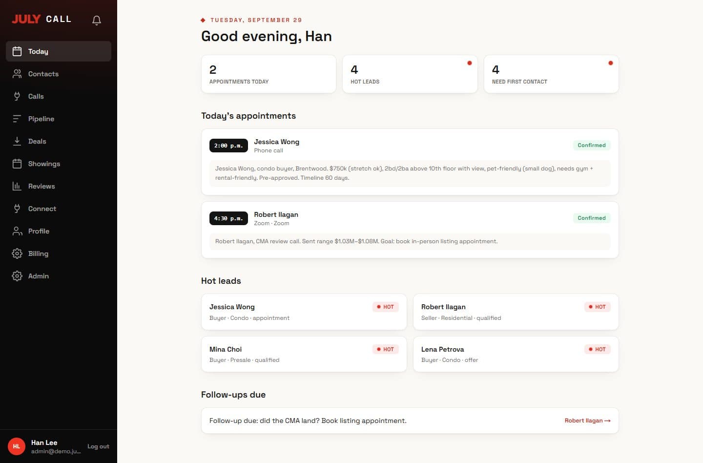 The JulyCall dashboard: today's appointments, hot leads and follow-ups